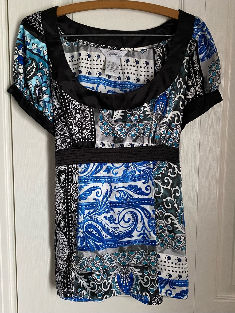 Speechless Y2K Patchwork Paisley Tie Back Babydoll Satin Puff Sleeve XL Blouse